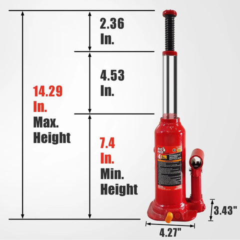 Beefy Heavy Duty Hydraulic Bottle Jack, 4 Ton Capacity, Welded Steel Construction, Red, Lifts 7.5 to 14.31 Inches, Dimensions Shown