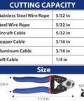 Cutting capacity and size of Heavy Duty Cable Cutter For Hard Wire Ropes And Aircraft Cables, Seven And A Half Inch Chrome Vanadium Steel Jaw.