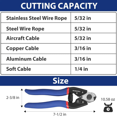 Cutting capacity and size of Heavy Duty Cable Cutter For Hard Wire Ropes And Aircraft Cables, Seven And A Half Inch Chrome Vanadium Steel Jaw.