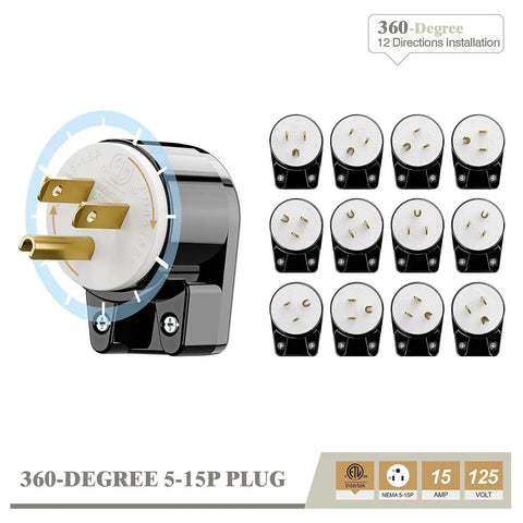 Close-up of Right Angle NEMA 5 15P 15A 125V AC Plug With ETL Certification, showing adjustable 90-degree connector and copper pins.