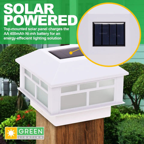 Solar Powered LED Torch Post Cap Light for 4x4 or 5x5 Posts, Modern Flame Design, White Finish, top view on a wooden post
