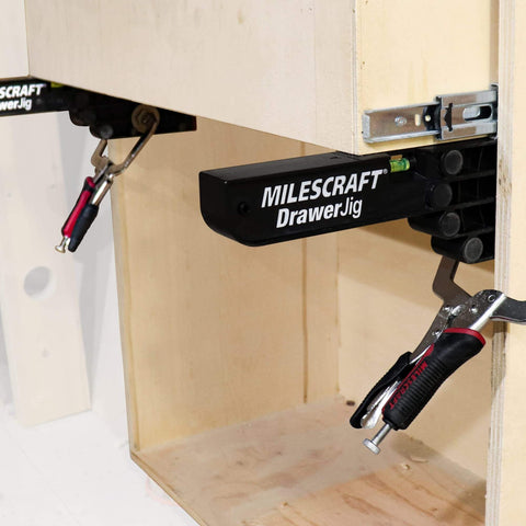 Drawer Installation Jig Reversible With Built In Level And Non Marring Rubber For Cabinet Protection Works On Framed And Frameless Cabinets installed in cabinet
