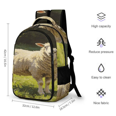Forest Meadow Wool Sheep Printed Unisex Backpack Large Capacity All Day Carryall Made With Durable Breathable Polyester Fabric And Smooth Zipper For Everyday Commutes And Adventures, featuring a realistic sheep image and ergonomic design.