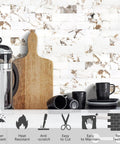 10 Sheet Subway Tile Peel And Stick Backsplash Kit With Self Adhesive PVC Tiles in kitchen setting with cups and cutting boards