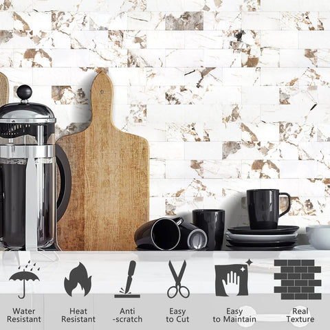 10 Sheet Subway Tile Peel And Stick Backsplash Kit With Self Adhesive PVC Tiles in kitchen setting with cups and cutting boards
