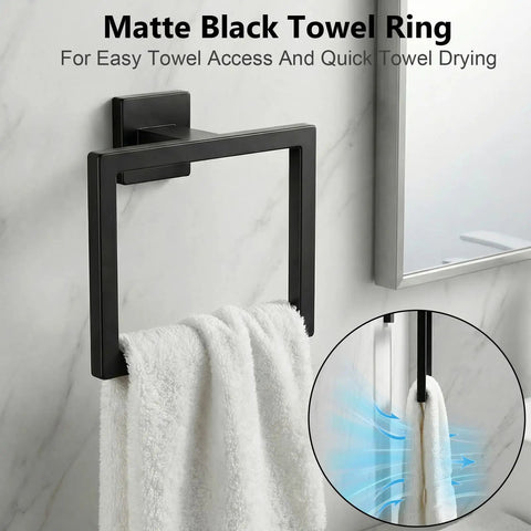 Dope Matte Black Bathroom Accessories Set 5 Piece Rustproof SUS304 Stainless Steel Wall Mounted Hardware Towel Ring in use