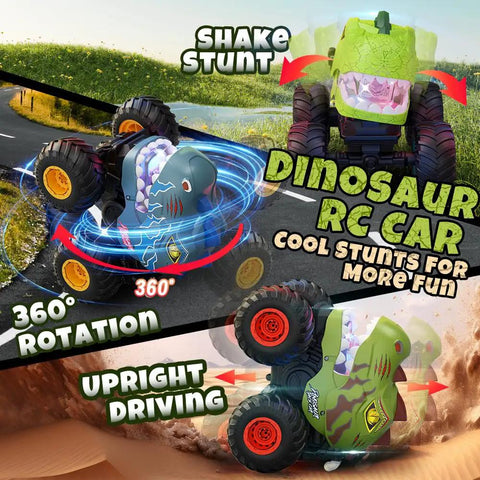 Remote Control Dinosaur Monster Truck For Kids Ages 4 7 8 12 With 50 Minutes Plus Runtime LED Lights Spray Effect 360 Degree Spin 90 Degree Upright On Two Wheels Stunt RC Car For Boys Birthday Gift Epic All Day Fun performing stunts