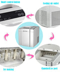 Slick Compact Countertop Ice Maker Machine Yielding Lightning Fast Five Minute Cubes With Whisper Quiet Operation And Easy Self Cleaning, showcasing control panel and ice making process.