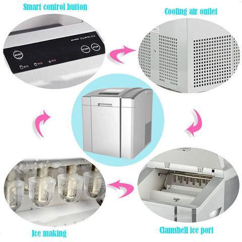 Slick Compact Countertop Ice Maker Machine Yielding Lightning Fast Five Minute Cubes With Whisper Quiet Operation And Easy Self Cleaning, showcasing control panel and ice making process.