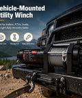 Top Tier 4500Lbs Electric Winch With Heavy Duty Steel Cable And Wired Remote Control mounted on a vehicle for off-road towing.
