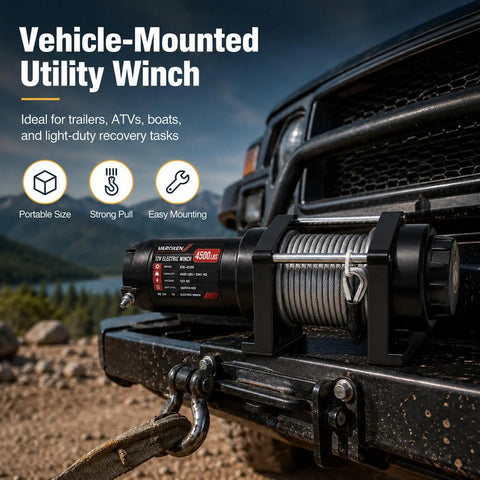 Top Tier 4500Lbs Electric Winch With Heavy Duty Steel Cable And Wired Remote Control mounted on a vehicle for off-road towing.