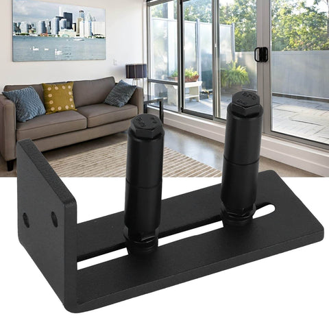 Heavy Duty Floor Mount Sliding Barn Door Guide with Adjustable Carbon Steel Bottom Roller in living room setting.