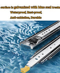 Beefy Heavy Duty 20 Inch Drawer Slides With Full Extension Ball Bearing Glides, 500 Pound Load Capacity, Locking Mechanism, shown with water resistance.