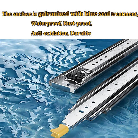 Beefy Heavy Duty 20 Inch Drawer Slides With Full Extension Ball Bearing Glides, 500 Pound Load Capacity, Locking Mechanism, shown with water resistance.