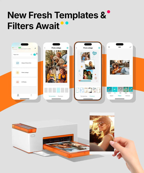 Bluetooth Photo Printer For iPhone Portable Dye Sublimation Printer With Dual Tray printing a photo and phone app interface