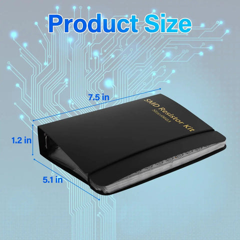 Massive 0603 SMD Resistors Kit One Percent Value Pack black sample book with size dimensions 7.5 x 5.1 x 1.2 inches