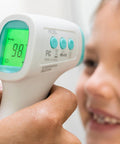 No Contact Forehead Thermometer For Baby Kids And Adults, 1 Second Infrared Temperature Readings, Fever Indicator With Color Coded Readings, Silent Mode, Touchless With Object Temperature And Room Temperature Modes, white handheld thermometer near child forehead
