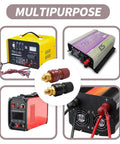 Solid 1/4 Inch Copper Battery Terminal Studs In Red And Black shown with chargers and inverters, heavy duty connectors for reliable use.