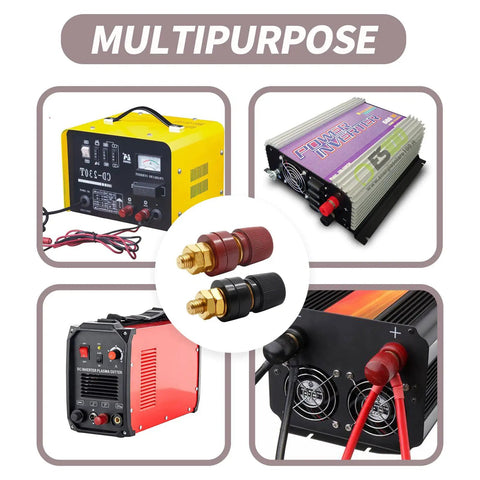 Solid 1/4 Inch Copper Battery Terminal Studs In Red And Black shown with chargers and inverters, heavy duty connectors for reliable use.