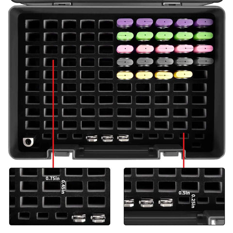 Boss Grade Slick USB Flash Drive Case With A Legit 104 Slot Layout For Organizing Your Thumb Drives Using Dual Size Removable Foam For Fast Stash And A Fresh Desk Setup In Classic Black interior with foam slots for thumb drives measuring 0.75x0.4in and 0.5x0.25in.