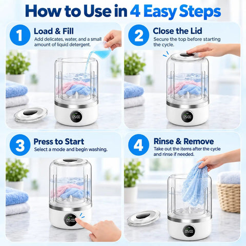 How to use Compact Cordless Mini Washing Machine Rechargeable Portable Spin Action in four easy steps for delicates.
