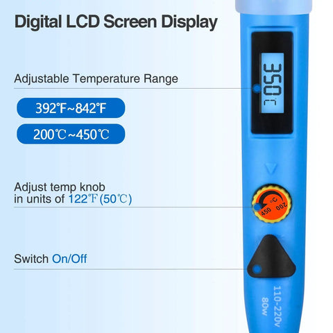 Close-up of 80W LCD Soldering Iron Kit With Adjustable Temperature Pro Grade Digital Solder Gun showing LCD and temp controls