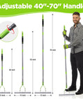Image of 15 Inch Thatching Rake For Lawns With 5 Foot Handle Beefy Heavy Duty Dethatcher Rake With Adjustable Head For Removing Dead Grass And Clippings Loosening Soil For A Healthier Happier Lawn, showing adjustable 40-70 inch telescoping handle displayed by a person.