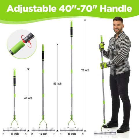 Image of 15 Inch Thatching Rake For Lawns With 5 Foot Handle Beefy Heavy Duty Dethatcher Rake With Adjustable Head For Removing Dead Grass And Clippings Loosening Soil For A Healthier Happier Lawn, showing adjustable 40-70 inch telescoping handle displayed by a person.