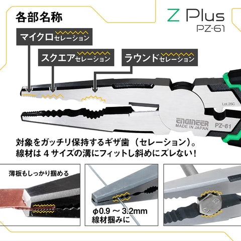 Diagram of PZ-61 Long Nose Screw Removal Pliers 193mm, showing serrated jaws, wire cutter, and crimper functions.