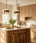 Axamate Wabi Sabi Pendant Light Natural Stone Chandeliers Dia 8" in a bright kitchen with wooden cabinets and decor.