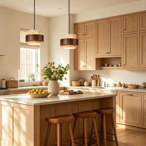 Axamate Wabi Sabi Pendant Light Natural Stone Chandeliers Dia 8" in a bright kitchen with wooden cabinets and decor.