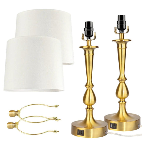 Set Of 2 Touch Control Table Lamps With USB Charging Ports, 3 Way Dimmable, Modern Nickel And Gold Finish, White Fabric Drum Shades