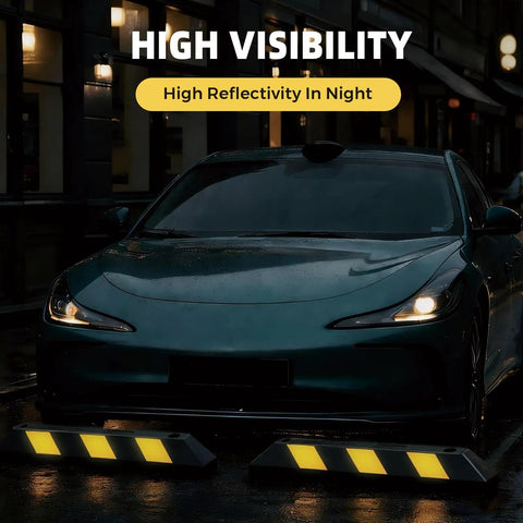 35.5 Inch Heavy Duty Rubber Parking Stopper 2 Pack With Reflectors And Mounting Screws, shown in front of parked car at night