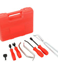 Eight Piece Drum Brake Tool Kit with Brake Spring Pliers, Remover, Installer, and Spoons in a red carrying case.
