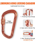 Aluminum D-ring locking carabiner with triple lock gates shown in detail, lightweight and strong, part of Heavy Duty Steel Core Arborist Flipline Half Inch By Twelve Foot Tree Climbing Rope With Alloy Steel Snap Hook Aluminum Carabiner Extra Tool Lanyard Pro Grade Fall Protection For Climbers ANSI Compliant, demonstrating rotating snap design and 23 kN strength.