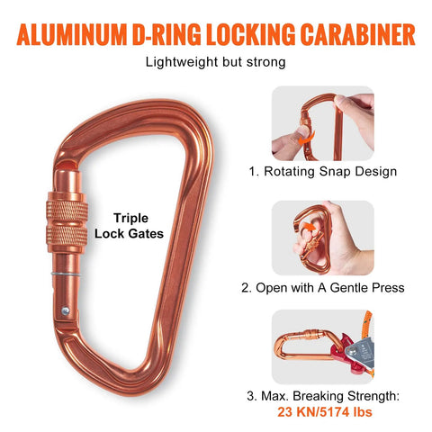 Aluminum D-ring locking carabiner with triple lock gates shown in detail, lightweight and strong, part of Heavy Duty Steel Core Arborist Flipline Half Inch By Twelve Foot Tree Climbing Rope With Alloy Steel Snap Hook Aluminum Carabiner Extra Tool Lanyard Pro Grade Fall Protection For Climbers ANSI Compliant, demonstrating rotating snap design and 23 kN strength.