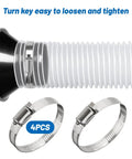 Heavy Duty 4 by 5 Inch Flexible Clear PVC Dust Collection Hose With Stainless Steel Clamps, close-up of hose and clamps.