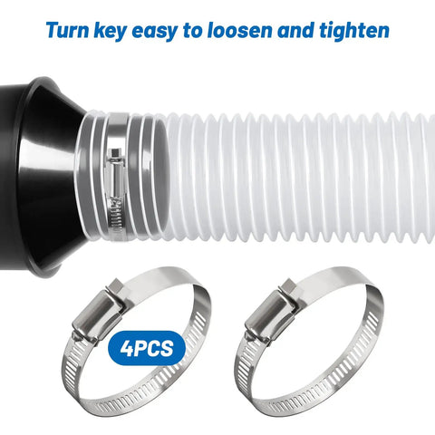 Heavy Duty 4 by 5 Inch Flexible Clear PVC Dust Collection Hose With Stainless Steel Clamps, close-up of hose and clamps.
