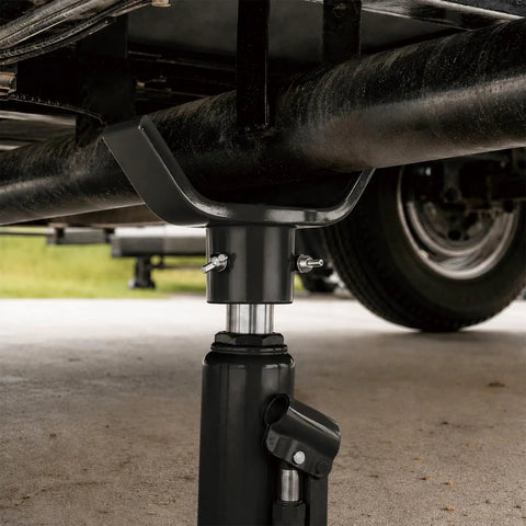 Adjustable Bottle Jack Axle Adapter for 2 to 12 Ton Jacks, black steel construction with 3 wing bolts, under vehicle view