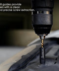 Close-up of 55 Piece Screw Extractor Kit For Removing Broken Or Stripped Screws, Bolts, Studs And Lugs with left hand drill bit in use