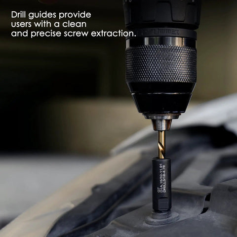 Close-up of 55 Piece Screw Extractor Kit For Removing Broken Or Stripped Screws, Bolts, Studs And Lugs with left hand drill bit in use
