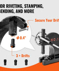 1 Ton Manual Arbor Press With Handwheel Built To Last Heavy Duty Desktop Press For Precision Stamping Bending And Forming On Cast Iron Frame 5.9 Inch Stroke Great For Leather Jewelry Aluminum And ID Card Projects displayed with drifts and measurements for riveting and stamping