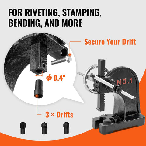 1 Ton Manual Arbor Press With Handwheel Built To Last Heavy Duty Desktop Press For Precision Stamping Bending And Forming On Cast Iron Frame 5.9 Inch Stroke Great For Leather Jewelry Aluminum And ID Card Projects displayed with drifts and measurements for riveting and stamping