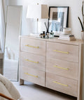 Dresser with Solid Brass Kitchen Cabinet Pulls Set of 6 in Polished Gold with Hammered T-Bar Handles, 3-Inch Hole Center