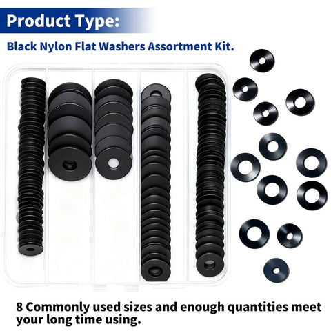 Black nylon flat washers assortment kit with various sizes in a transparent container.