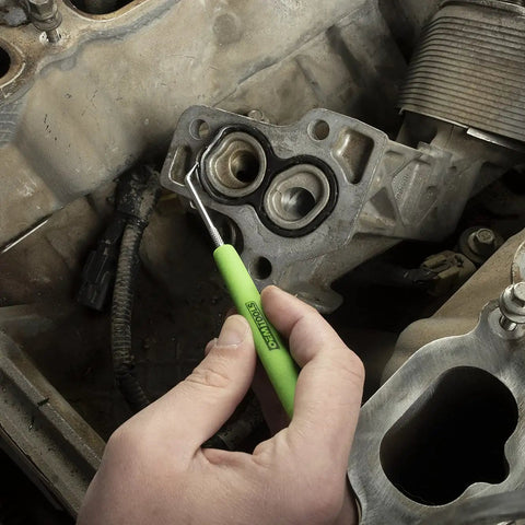 Using Four Piece Hook And Pick Set With Green Handles For Precision Projects And O Ring Picks in automotive engine