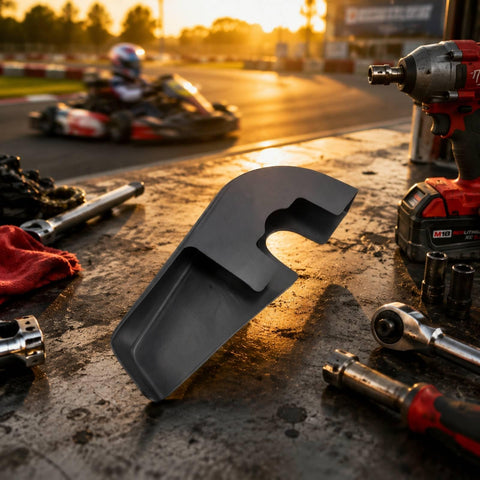 Go Kart Chain Guard Engine Drive Cover near tools on workbench at kart track, sunset backdrop