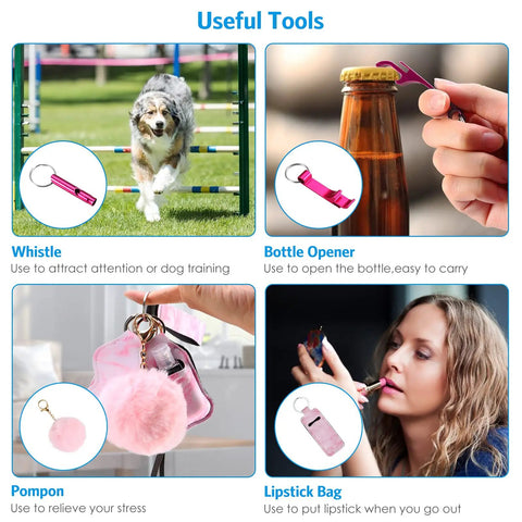 Safety Keychain Set For Women And Kids with whistle, bottle opener, pink pom poms, and lipstick bag shown in use.