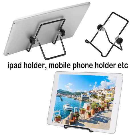 Black metal stands for iPad and phone displaying in various angles, one holding a tablet with a coastal image, labeled for devices.