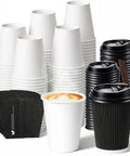 50 Pack 12 Oz Disposable Coffee Cups With Lids And Straws Insulated To Go Paper Cups With Detachable Corrugated Sleeves For Hot Or Cold Drinks Ideal For Office Travel Coffee Bar And Grab And Go Black Sleeves displayed with lids, straws, and sleeves